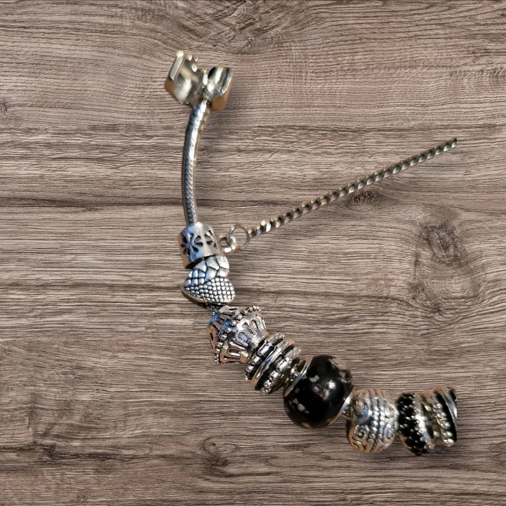 Silver & Black Charm Bracelet, Safety Chain, Heavyweight, Approximately …